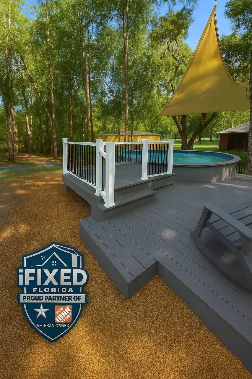 Composite pool deck with white rail built by iFIXED in Citrus Springs
